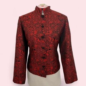 Vintage Red & Black Floral 72% Silk Mandarin Jacket — Size 14 (fits L/XL)